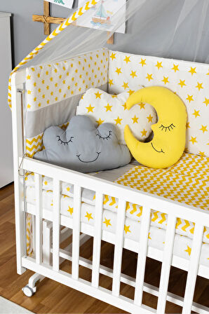 Ahşap Beşik Anne Yanı Beşik Beyaz 60x120 - Sarı Yıldız 3 Yastıklı Uyku Seti + Yataklı + Tekerlekli