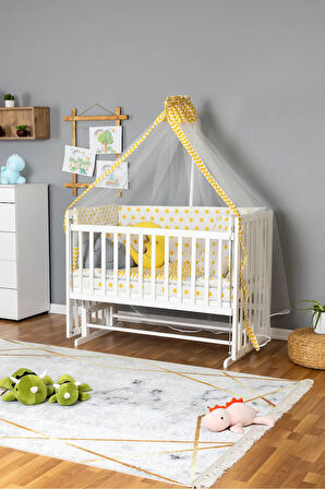 Ahşap Beşik Anne Yanı Beşik Beyaz 60x120 - Sarı Yıldız 3 Yastıklı Uyku Seti + Yataklı