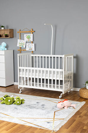 Ahşap Beşik Anne Yanı Beşik Beyaz 60x120 - Uyku Setsiz Tek Yataklı + Tekerlekli