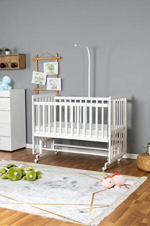 Ahşap Beşik Anne Yanı Beşik Beyaz 60x120 - Uyku Setsiz Tek Yataklı + Tekerlekli