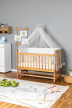 Ahşap Beşik Anne Yanı Beşik Vernikli 60x120 - Beyaz Güpür Uyku Seti + Yataklı