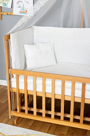 Ahşap Beşik Anne Yanı Beşik Vernikli 60x120 - Beyaz Güpür Uyku Seti + Yataklı