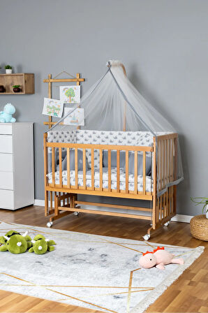 Ahşap Beşik Anne Yanı Beşik Vernikli 60x120 - Gri Balina Uyku Seti + Yataklı + Tekerlekli
