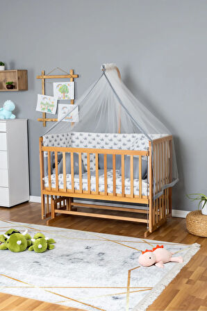 Ahşap Beşik Anne Yanı Beşik Vernikli 60x120 - Gri Balina Uyku Seti + Yataklı