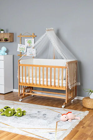 Ahşap Beşik Anne Yanı Beşik Vernikli 60x120 - Krem Güpür Uyku Seti + Yataklı + Tekerlekli