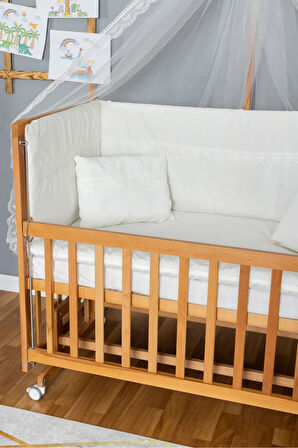 Ahşap Beşik Anne Yanı Beşik Vernikli 60x120 - Krem Güpür Uyku Seti + Yataklı + Tekerlekli