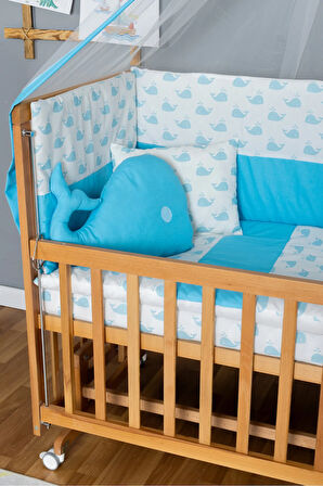 Ahşap Beşik Anne Yanı Beşik Vernikli 60x120 - Mavi Balina Uyku Seti + Yataklı + Tekerlekli
