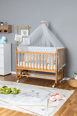 Ahşap Beşik Anne Yanı Beşik Vernikli 60x120 - Mavi Yıldız 1 Yastıklı Uyku Seti + Yataklı+Tekerlekli