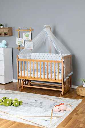 Ahşap Beşik Anne Yanı Beşik Vernikli 60x120 - Mavi Yıldız 1 Yastıklı Uyku Seti + Yataklı