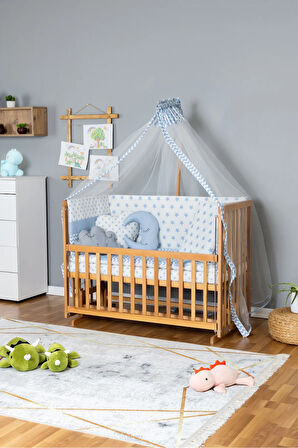 Ahşap Beşik Anne Yanı Beşik Vernikli 60x120 - Mavi Yıldız 3 Yastıklı Uyku Seti + Yataklı