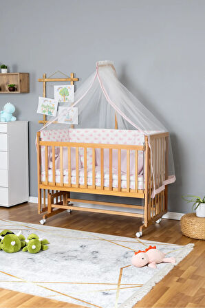 Ahşap Beşik Anne Yanı Beşik Vernikli 60x120 - Pembe Balina Uyku Seti + Yataklı + Tekerlekli