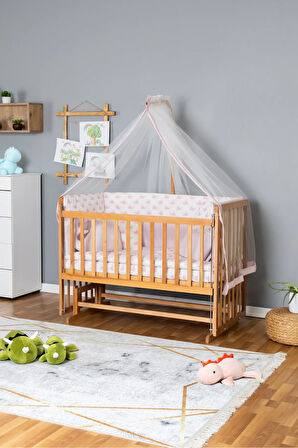 Ahşap Beşik Anne Yanı Beşik Vernikli 60x120 - Pembe Balina Uyku Seti + Yataklı