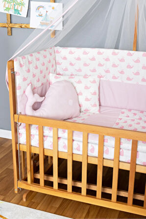 Ahşap Beşik Anne Yanı Beşik Vernikli 60x120 - Pembe Balina Uyku Seti + Yataklı