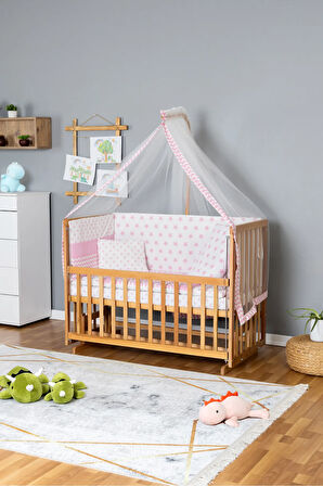 Ahşap Beşik Anne Yanı Beşik Vernikli 60x120 - Pembe Yıldız 1 Yastıklı Uyku Seti + Yataklı