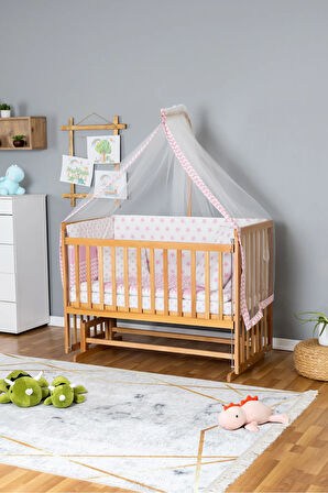 Ahşap Beşik Anne Yanı Beşik Vernikli 60x120 - Pembe Yıldız 1 Yastıklı Uyku Seti + Yataklı