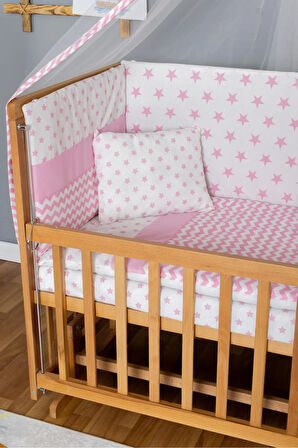 Ahşap Beşik Anne Yanı Beşik Vernikli 60x120 - Pembe Yıldız 1 Yastıklı Uyku Seti + Yataklı