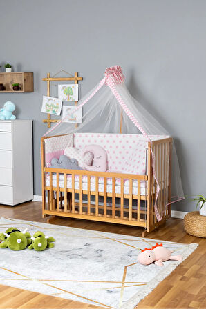 Ahşap Beşik Anne Yanı Beşik Vernikli 60x120 - Pembe Yıldız 3 Yastıklı Uyku Seti + Yataklı