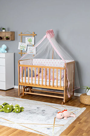 Ahşap Beşik Anne Yanı Beşik Vernikli 60x120 - Pembe Yıldız 3 Yastıklı Uyku Seti + Yataklı
