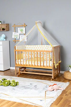 Ahşap Beşik Anne Yanı Beşik Vernikli 60x120 - Sarı Yıldız 1 Yastıklı Uyku Seti + Yataklı