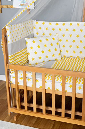 Ahşap Beşik Anne Yanı Beşik Vernikli 60x120 - Sarı Yıldız 1 Yastıklı Uyku Seti + Yataklı