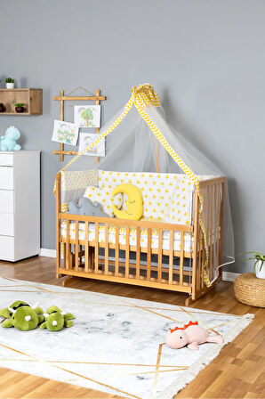 Ahşap Beşik Anne Yanı Beşik Vernikli 60x120 - Sarı Yıldız 3 Yastıklı Uyku Seti + Yataklı
