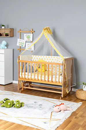 Ahşap Beşik Anne Yanı Beşik Vernikli 60x120 - Sarı Yıldız 3 Yastıklı Uyku Seti + Yataklı
