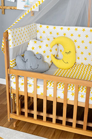 Ahşap Beşik Anne Yanı Beşik Vernikli 60x120 - Sarı Yıldız 3 Yastıklı Uyku Seti + Yataklı