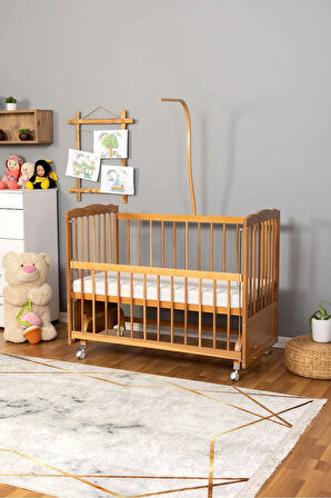Ahşap Beşik Anne Yanı Beşik Doğal (VERNİKLİ) 60x120 - Uyku Setsiz Tek Yataklı Tekerlekli