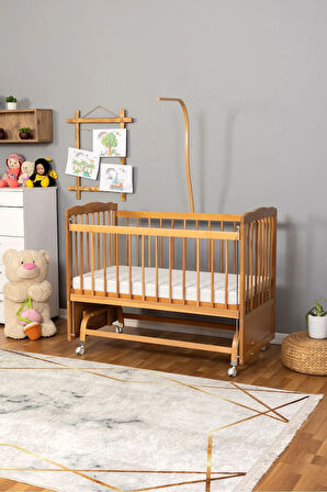 Ahşap Beşik Anne Yanı Beşik Doğal (VERNİKLİ) 60x120 - Uyku Setsiz Tek Yataklı Tekerlekli