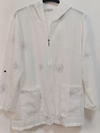 Akşen Giyim Büyük Beden % 100 Pamuk Keten Simli Çiçek Nakışlı 80 cm Basen Kapatan Boyda Kapüşonlu Ceket