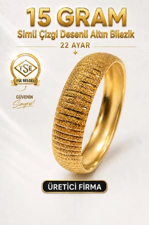 22 Ayar TSE Belgeli (15 GRAM) Simli Çizgi Desenli Altın Bilezik 15 mm Gold Bilezik Düğün Nişan 6,2 cm