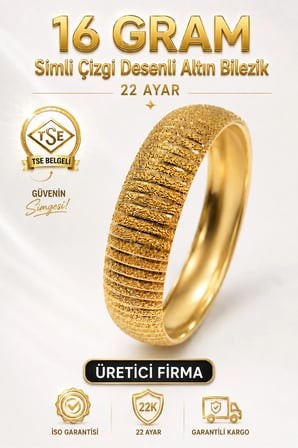 22 Ayar TSE Belgeli (16 GRAM) Simli Çizgi Desenli Altın Bilezik 15 mm Gold Bilezik Düğün 6,2 cm