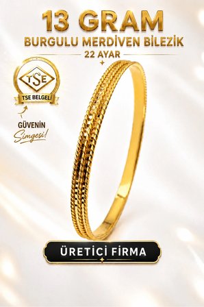 22 Ayar TSE Belgeli (13 GRAM) Burgulu Merdiven Ajda Altın Bilezik Gold Bilezik Düğün Nişan 6,2 cm