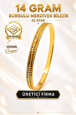 22 Ayar TSE Belgeli 14 GRAM Burgulu Merdiven Ajda Altın Bilezik Gold Bilezik Düğün 6,2 cm