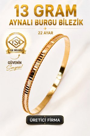 22 Ayar TSE Belgeli (13 GRAM) Aynalı Burgu Ajda Bilezik Gold Altın Bilezik Düğün Nişan 6,2 cm