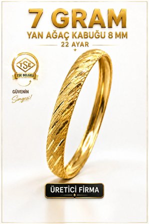 22 Ayar TSE Belgeli (7 GRAM) Yan Ağaç Kabuğu Ajda Bilezik 8 mm Gold Altın Bilezik Düğün 6,2 cm