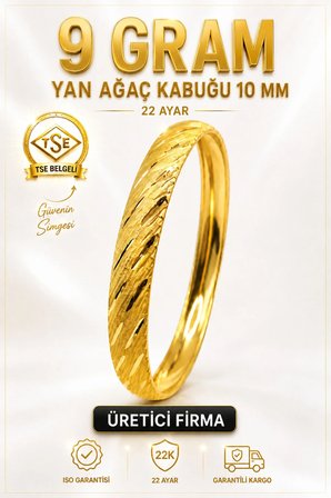 22 Ayar TSE Belgeli (9 GRAM) Yan Ağaç Kabuğu Ajda Bilezik 10 mm Gold Altın Bilezik Düğün 6,2 cm