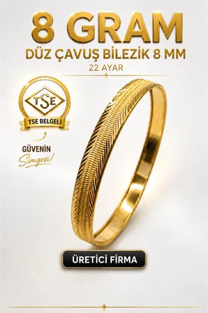 22 Ayar TSE Belgeli (8 GRAM) Düz Şarnel Çavuş Ajda Bilezik 8 mm Gold Altın Bilezik Düğün 6,2 cm