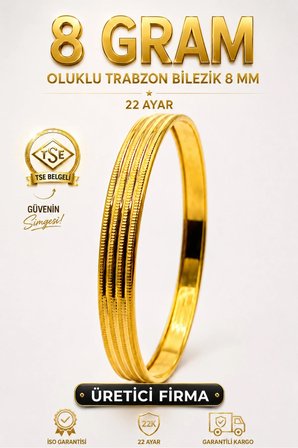 22 Ayar TSE Belgeli 8 GRAM Oluklu Trabzon Bilezik 8 mm Gold Altın Bilezik Düğün 6,2 cm
