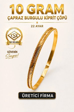 22 Ayar TSE Belgeli (10 GRAM) Çapraz Burgulu Kibrit Çöpü Ajda Altın Bilezik Gold Düğün Nişan 6,2 cm