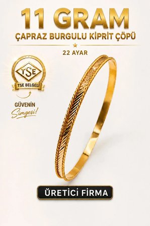 22 Ayar TSE Belgeli (11 GRAM) Çapraz Burgulu Kibrit Çöpü Ajda Altın Bilezik Gold Düğün Nişan 6,2 cm