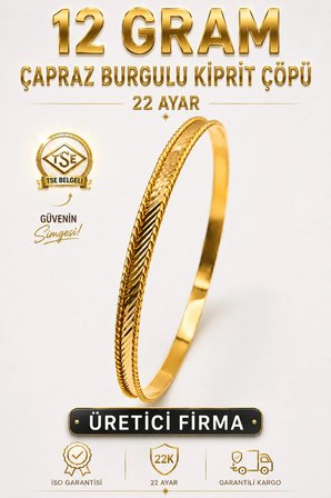 22 Ayar TSE Belgeli (12 GRAM) Çapraz Burgulu Kibrit Çöpü Ajda Altın Bilezik Gold Düğün Nişan 6,2 cm