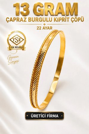 22 Ayar TSE Belgeli (13 GRAM) Çapraz Burgulu Kibrit Çöpü Ajda Altın Bilezik Gold Düğün 6,2 cm