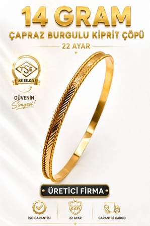 22 Ayar TSE Belgeli (14 GRAM) Çapraz Burgulu Kiprit Çöpü Ajda Altın Bilezik Gold Düğün Nişan 6,2 cm