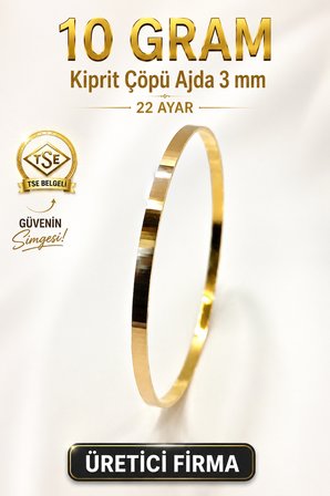 22 Ayar TSE Belgeli (10 GRAM) 3 mm Kibrit Çöpü Ajda Altın Bilezik Gold Düğün Nişan 6,2 cm