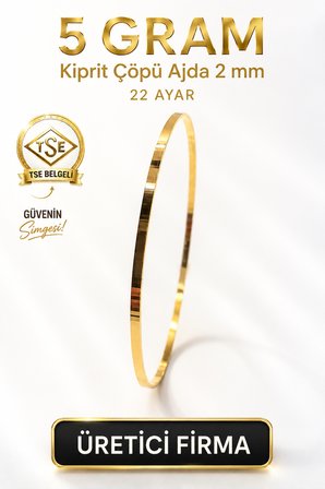 22 Ayar TSE Belgeli (5 GRAM) 2 mm Kibrit Çöpü Ajda Altın Bilezik Gold Düğün 6,2 cm