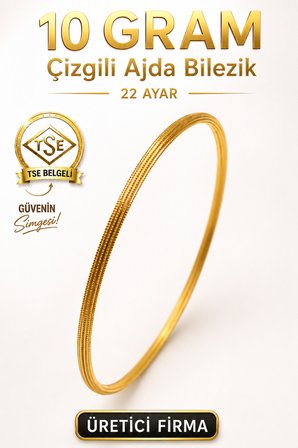 22 Ayar TSE Belgeli (10 GRAM) Çizgili Ajda Altın Bilezik Gold Düğün 6,2 cm