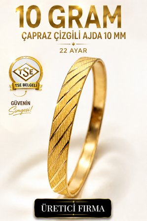 22 Ayar TSE Belgeli (10 GRAM) Çapraz Çizgili Ajda 10 mm Ajda Altın Bilezik Gold Düğün 6,2 cm