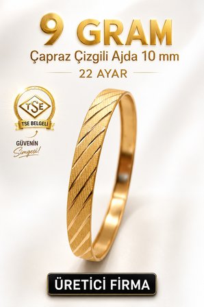 22 Ayar TSE Belgeli (9 GRAM) Çapraz Çizgili Ajda 10 mm Ajda Altın Bilezik Gold Düğün 6,2 cm