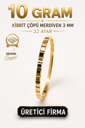 22 Ayar TSE Belgeli (10 GRAM) Kibrit Çöpü Merdiven 3 mm Ajda Altın İşçiliksiz Bilezik Gold 6,2 cm